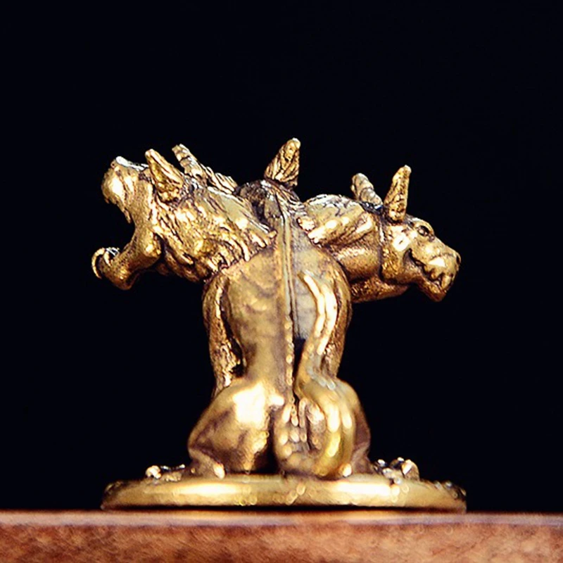 new style Three Headed Dog Miniatures Figurines Brass Mythology Animal Small Statue Desktop Ornaments Home Decorations Crafts