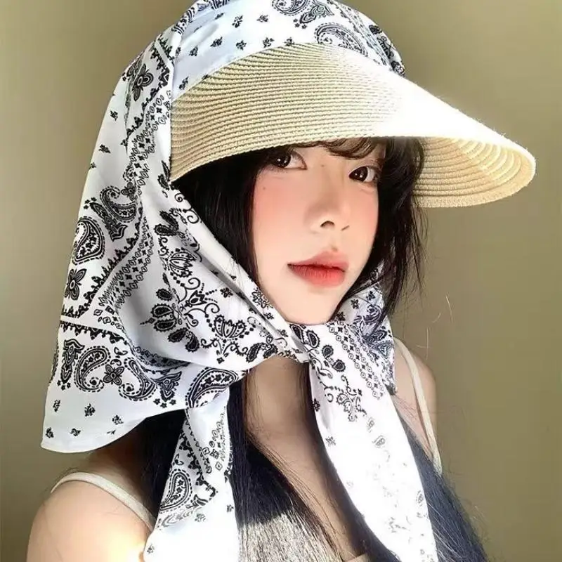 Straw Sun Visor Hat With Paisley Bandana Neck Flap UV Protection For Beach