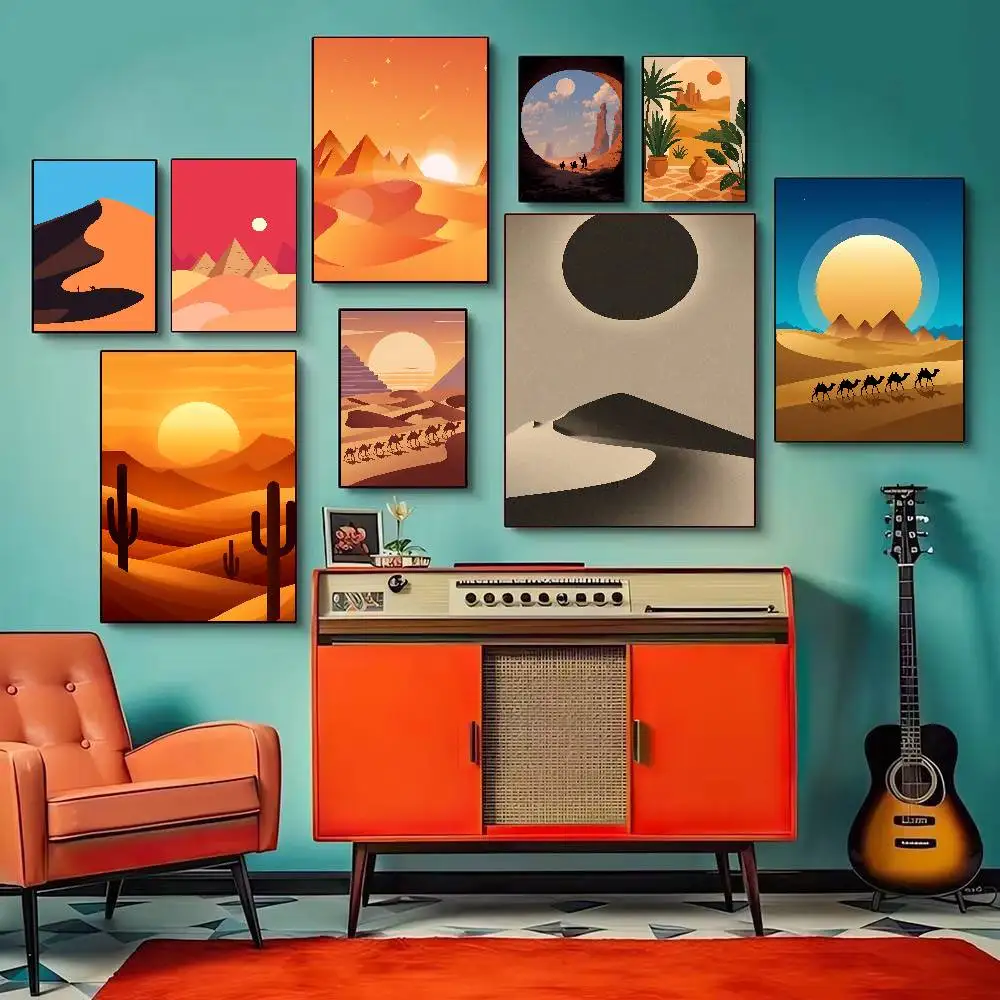 Impresión de póster minimalista y genial con paisaje del atardecer en el desierto, arte abstracto de dunas del Sáhara, decora