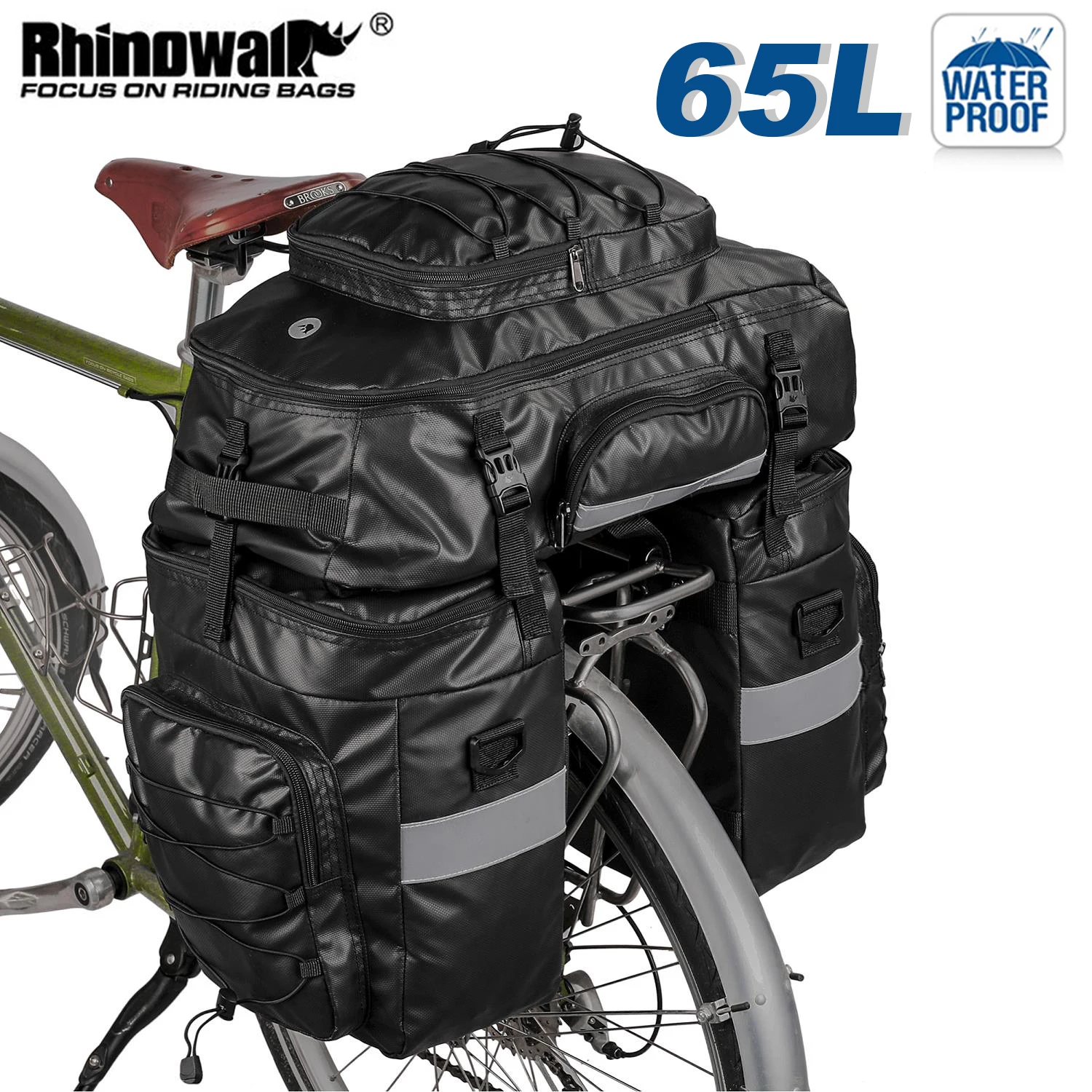 Rhinowalk 3 in1 Bike Bag 65L Large Capacity Bicycle Rear Rack Pannier Bag Waterproof Cycling MTB Double Side Luggage Backpack