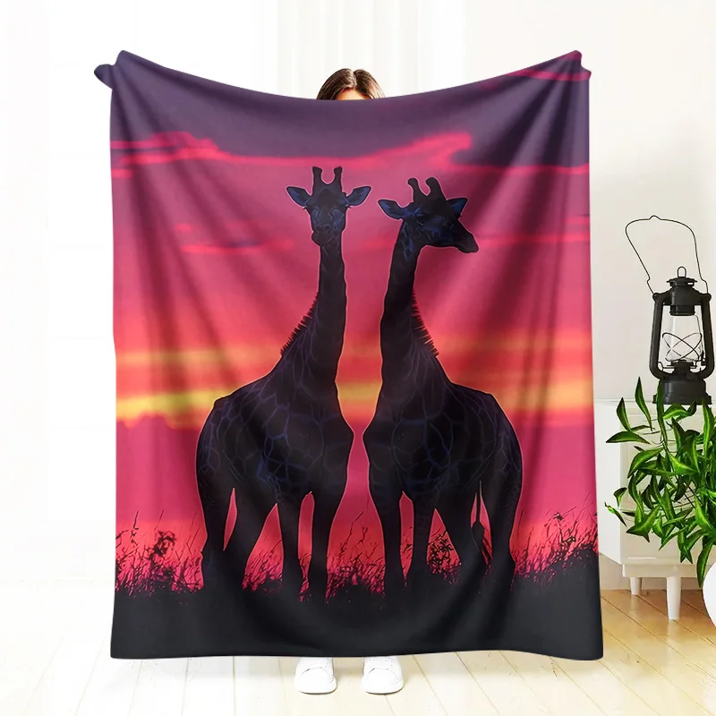 1pc African Savannah Sunset Giraffe Print Blanket - Soft Warm All-Season Pink Purple Orange Brown Beige Bedspread for Couch, Bed