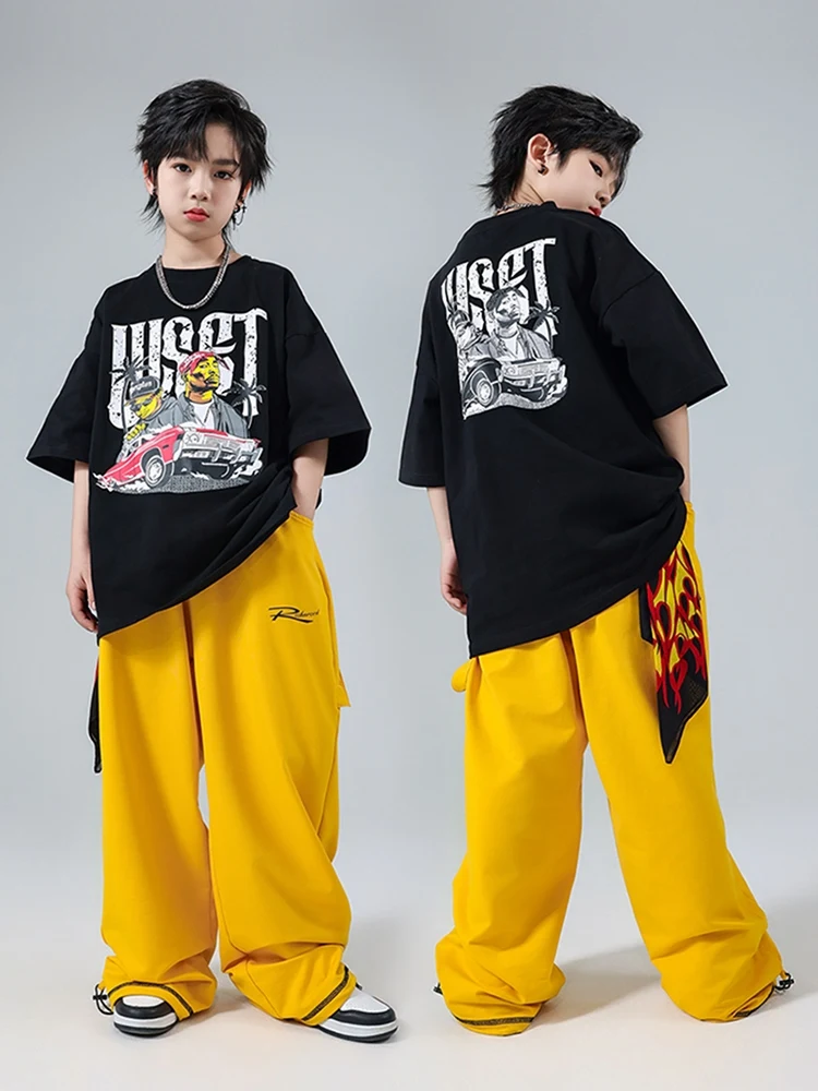 

Kids Boys Summer Loose Black T Shirt Yellow Pants Hip Hop Dance Clothes Drum Performance Costume Sport Leisure Clothing BL13003