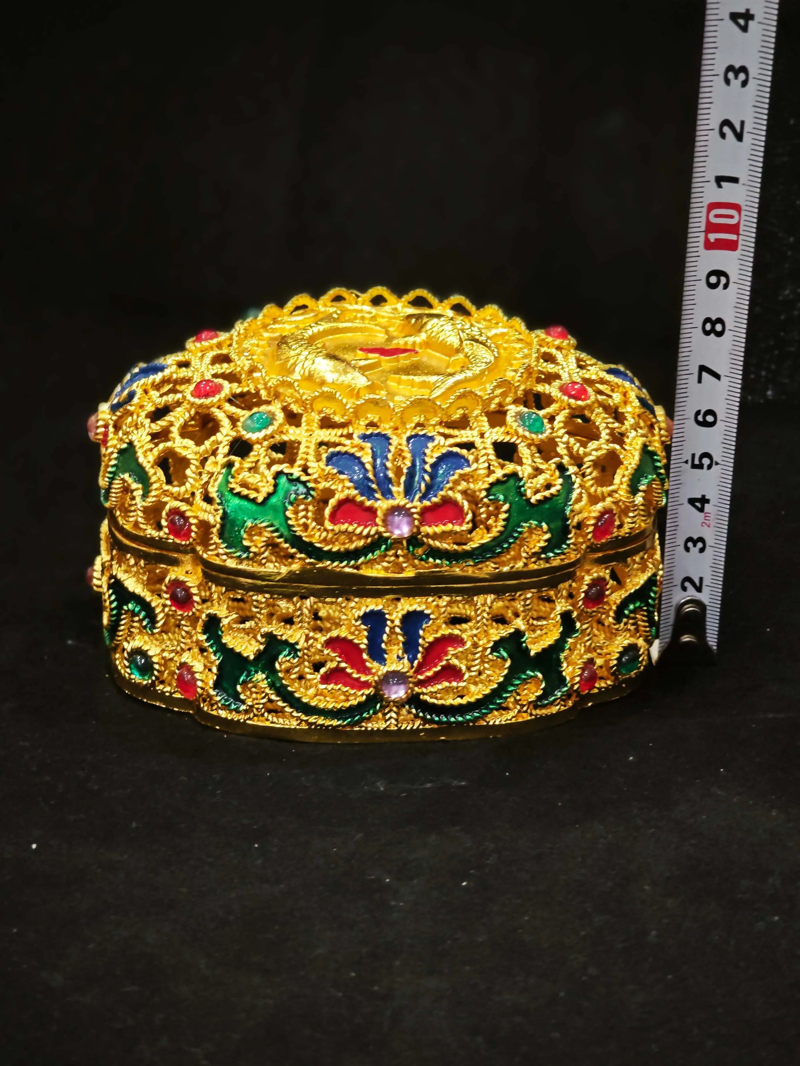 Antique court royal boutique four-leaf clover gilt filament hollow enamel color inlaid gemstone box ink box jewelry box