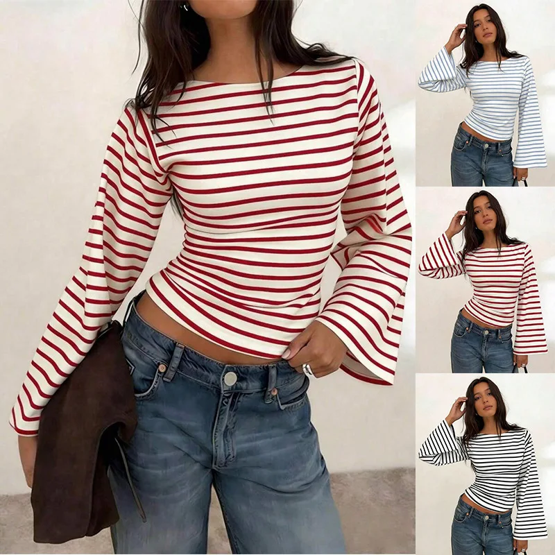 New Women's Striped Boat Neck Flare Long Sleeve Top Slim Fit Soft Comfortable Versatile Trendy Casual Commute Daily Wear Blouse