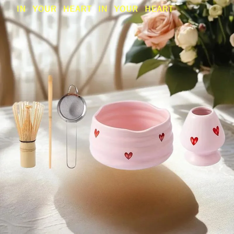 【X】2/4/5pcs Heart Decal Ceramic Matcha Set, Cute Matcha Set Includes Matcha Bowl, Matcha Whisk And Holder, Bamboo Scoop, Sifter