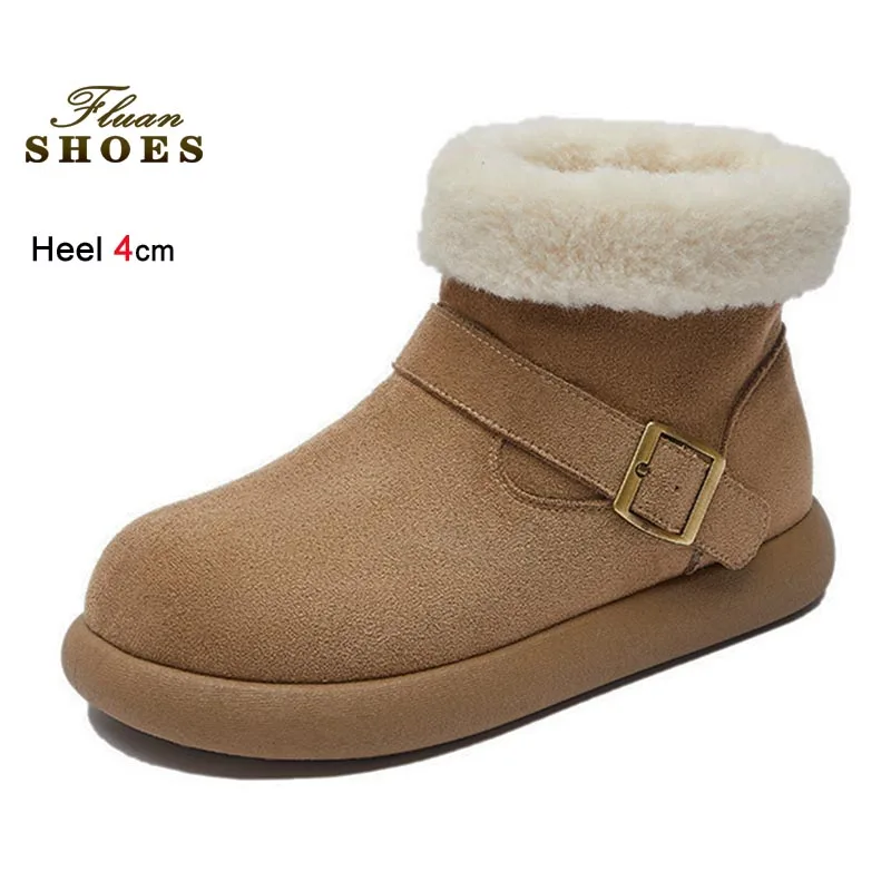 

Fashion Thickened Fluff Short Boots Women Snow Boots Leather Buckle Thick Soled Warm Cotton Shoes Winter Plush Lady Ankle Boots