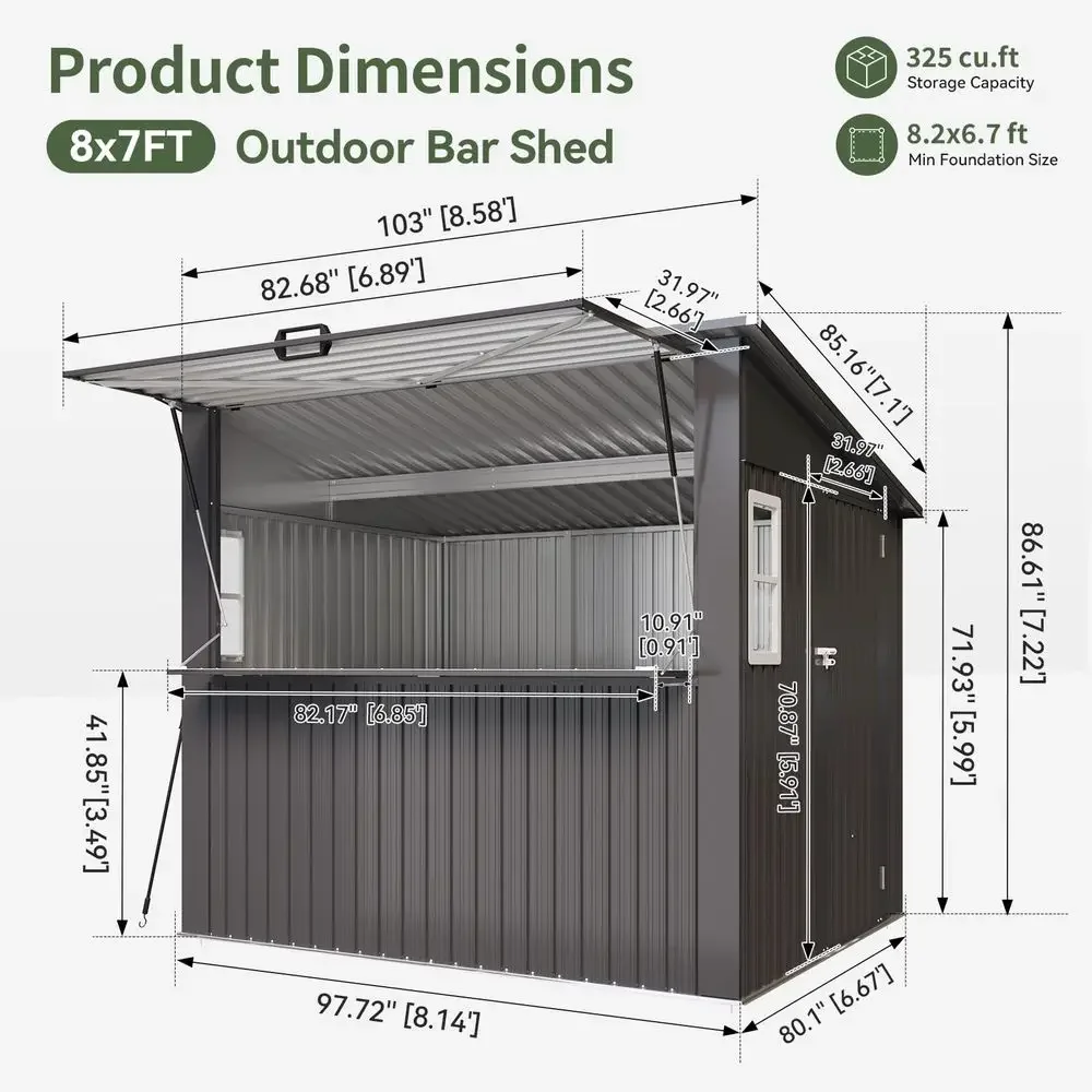 8x7 FT Outdoor Bar Shed with Canopy Black Sloped Roof Metal Outdoor Storage Shed with FoldDown Counter, TV Mount Ready Post amp image 9