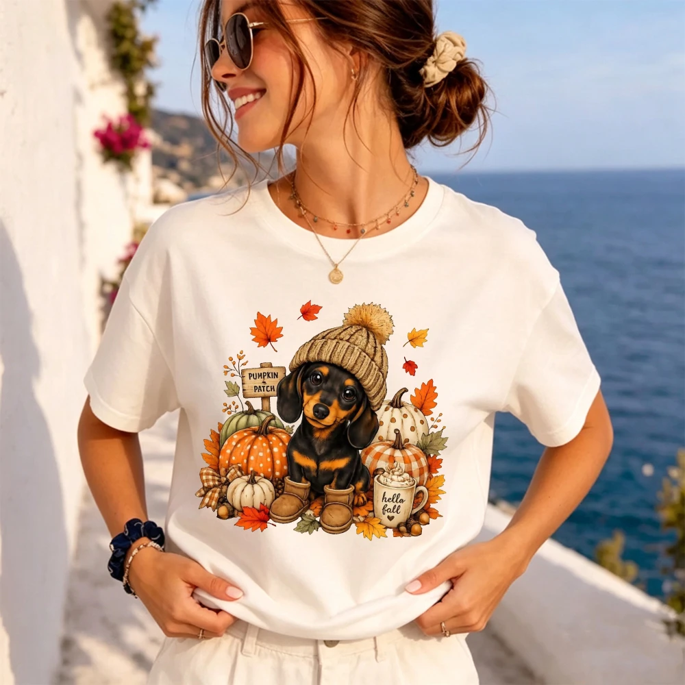 Dachshund Dog Pumpkin Patch Graphic Tee Women Fall Season Maple Leaves Print T-Shirt Short Sleeve Cute Animal Top Women Clothing