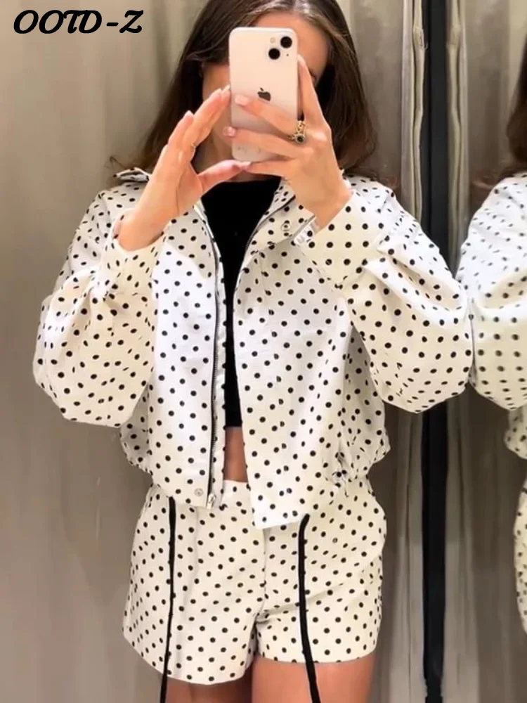 Polka Dot Women's Coat Shorts Set White Standup Collar Long Sleeve Coat Pant Suit Female Streetwear Lady 2025 Autumn Fashion