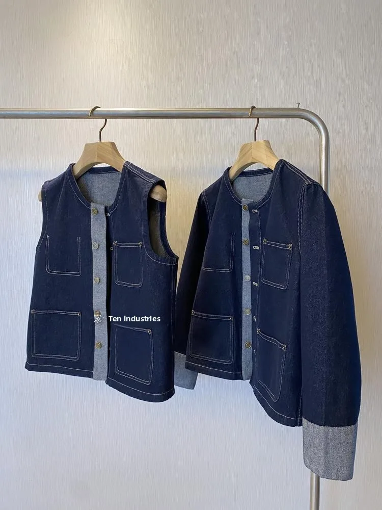 

High Quali Vintage Denim Original Color oulder Top Men's Jaet Autumn Season Special Wide Fit ort Length V-Ne