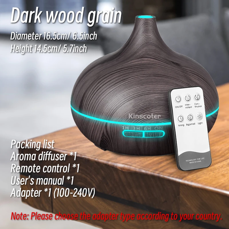 Hoge kwaliteit 500 ml aromatherapie etherische olie diffuser houtnerf afstandsbediening ultrasone luchtbevochtiger met 7 kleuren licht