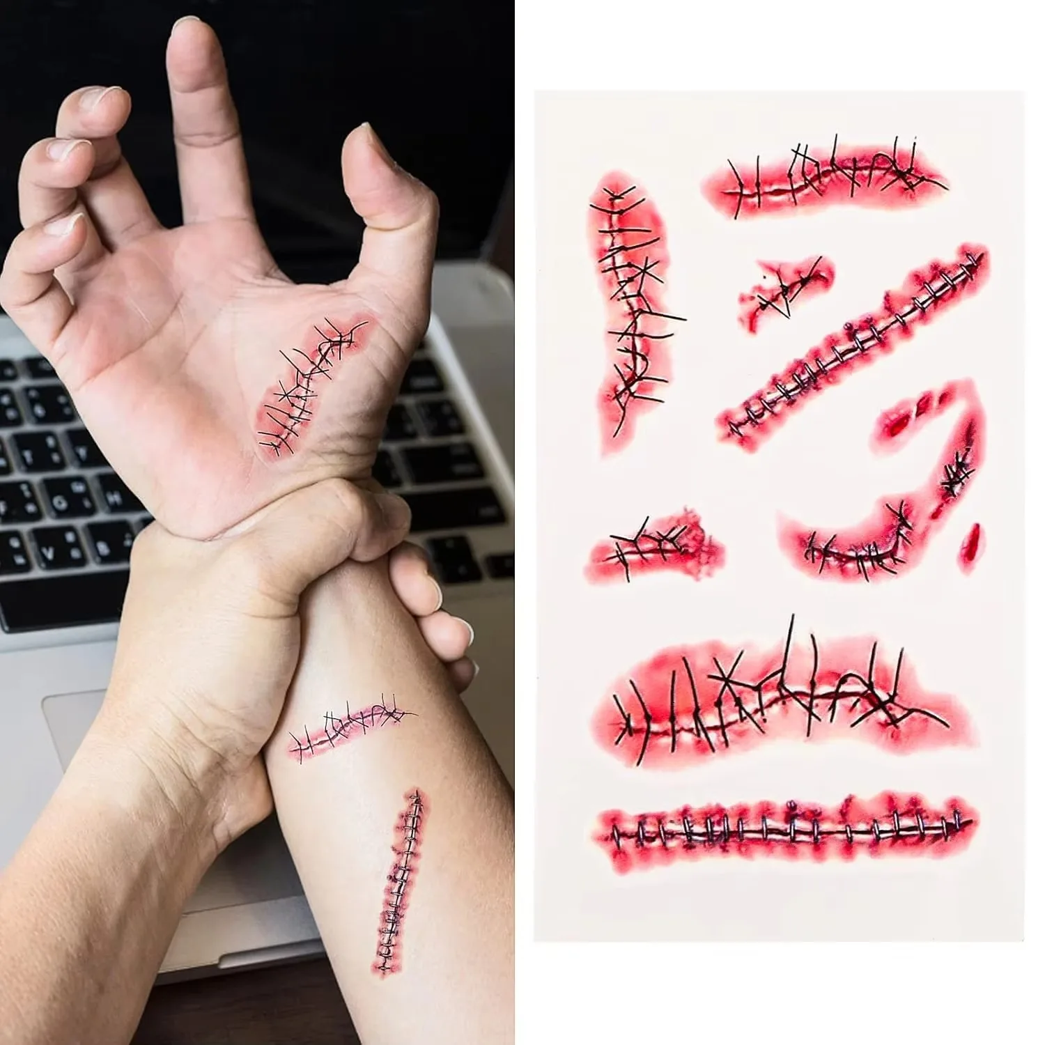 Horror Realistic Fake Bloody Wound Stitch Scar Scab Waterproof Temporary Tattoo Sticker Halloween Masquerade Prank Makeup Props