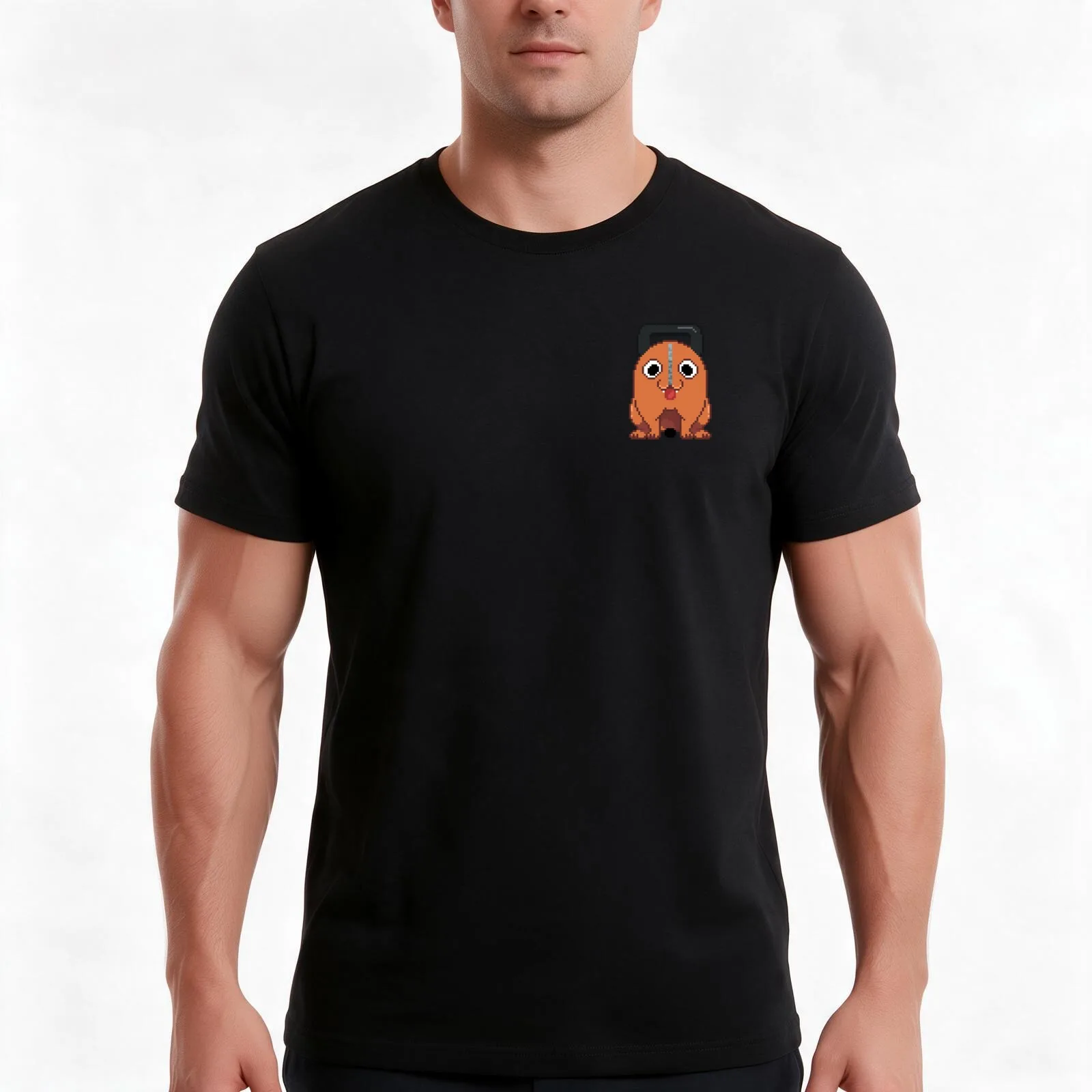Pixel Pochita (pocket) T-Shirt, Summer Casual Cotton Tee, Oversized Streetwear Tops, Vintage Graphic Print, Unisex Men Women