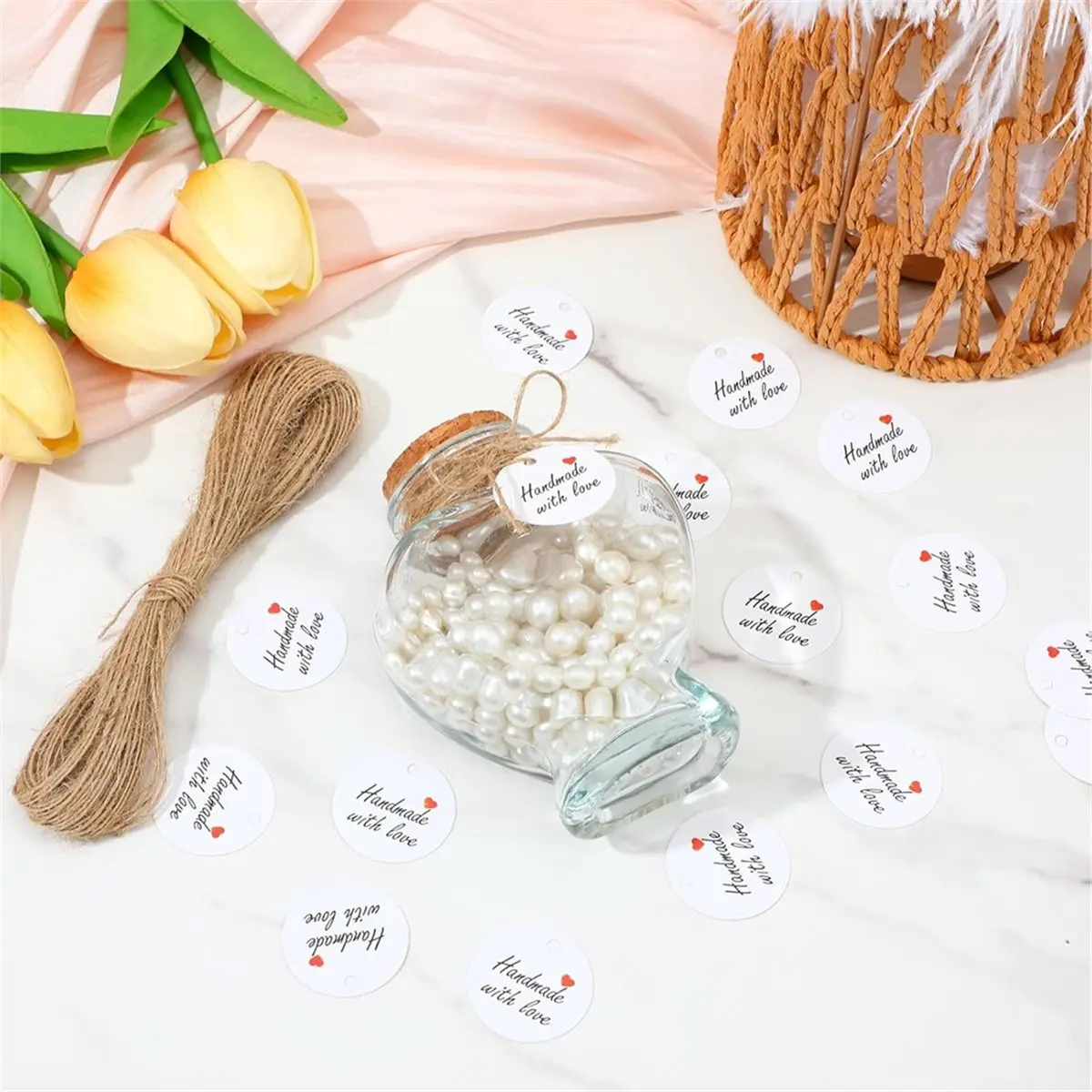 200Pcs Handmade with Love Tags, White Paper Gift Labels with Twine String 1.2
