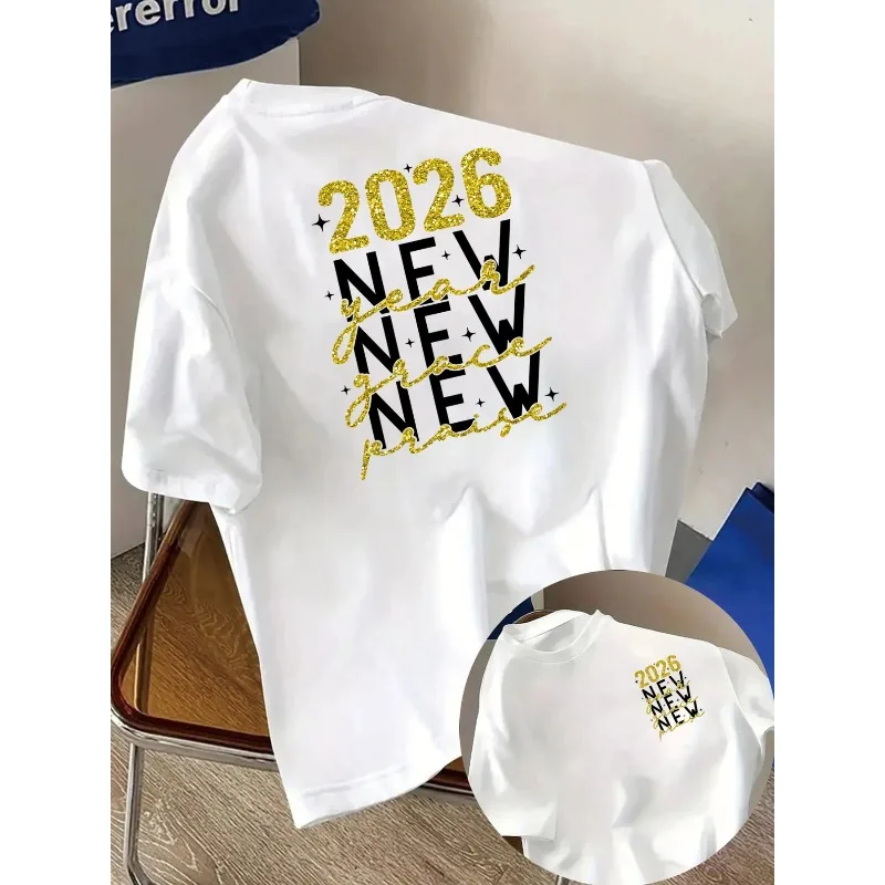 

Front and Back Printed Short Sleeved T-shirt 2026 New Year Gold Glitter Women's Spring and Summer Trendy Printed Cotton T-shirt
