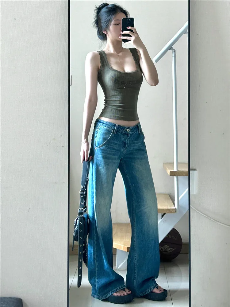 

High Waist Extended Length Vintage Blue Low Waist Spicy Girl Straight Leg Jeans Women Loose Drapey Design Sensation Floor Len...