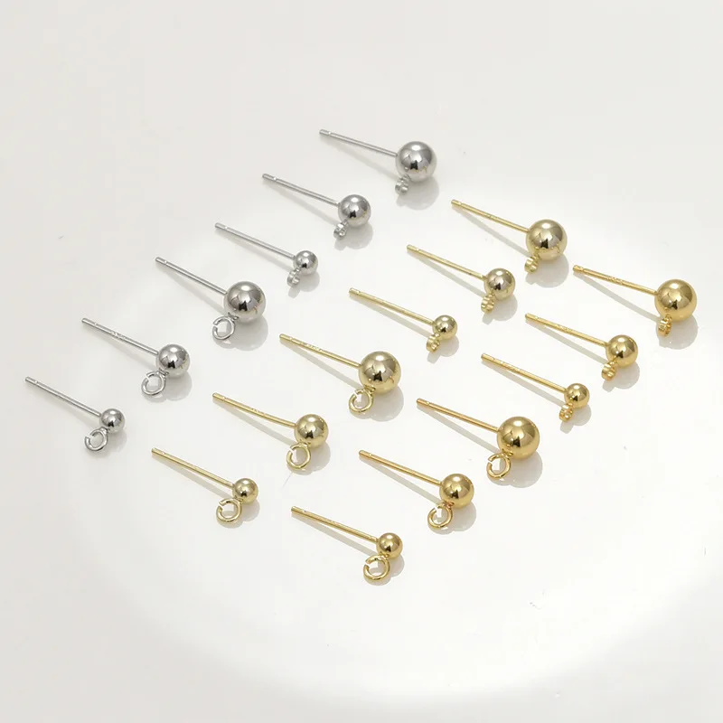 

18K Gold plated Round Ball ear post with loop studs 925 Silver Needle Ear Pins For DIY jewelry Making Supply