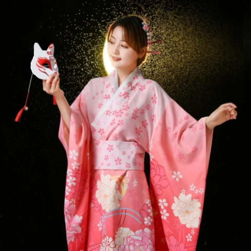 Divine Girl Cosplay Costume Pink Gradient Print Performance Attire Japanese Traditional Kimono Large Sleeved Nightgown for Women