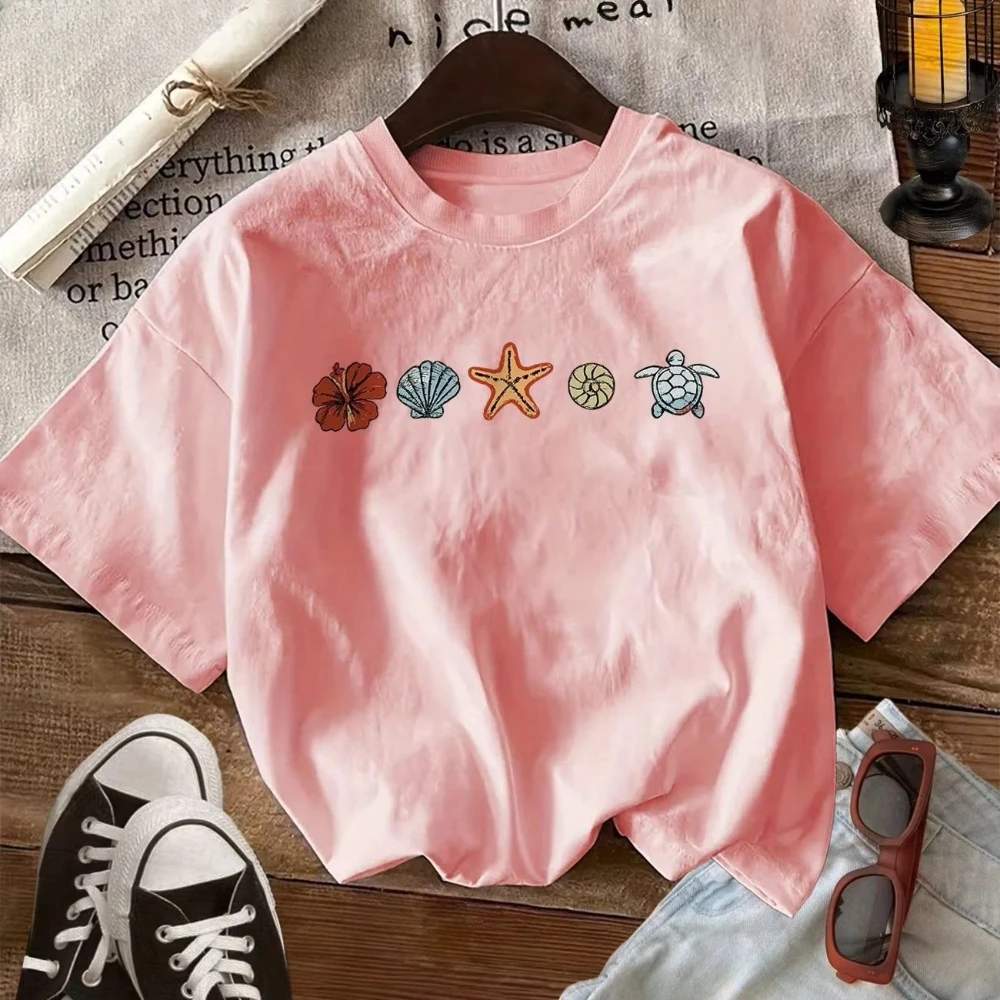 Vintage Colorful Ocean Shell Graphic T Shirt Cotton Women Summer Retro Aesthetic Harajuku Streetwear Style Casual Short Sleeve
