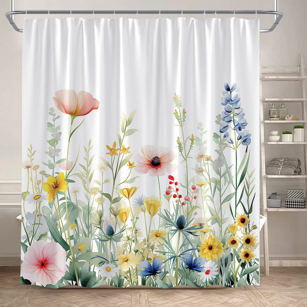 Floral Shower Curtains Watercolour Flowers Butterfly Plant Modern Minimalist Bathroom Curtain Polyester Fabric Home Decoration