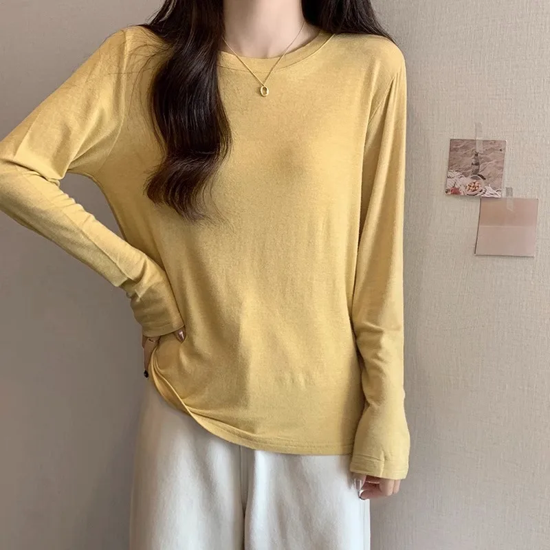 Brand soft waxy facial mask spring autumn winter 2023 new loose long sleeved t-shirt women's simple bottom layer solid color top