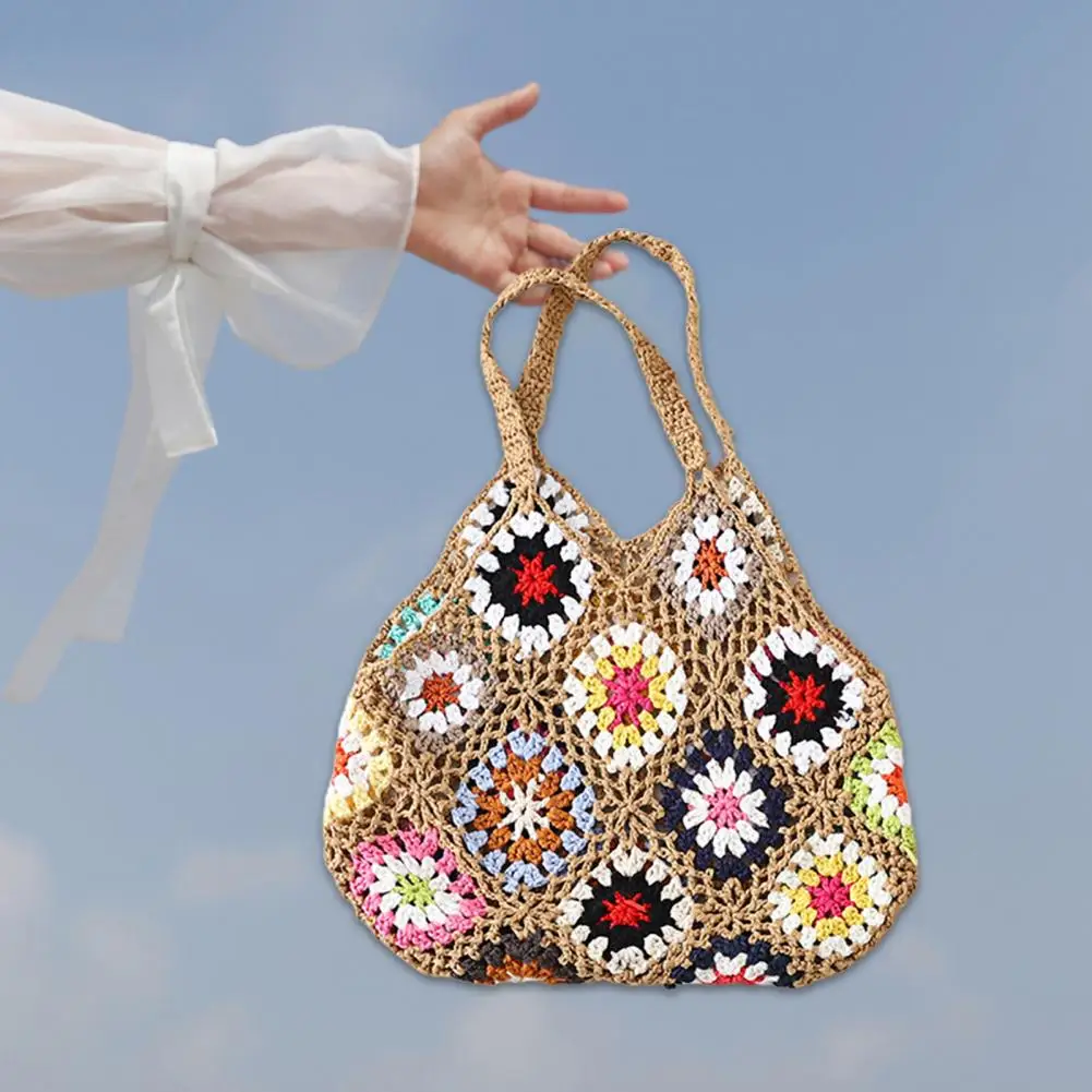 Tote Bag for Women Floral Crochet Large Capacity Vintage Multicolor Hollow Out Handbag Travel Shopping Bag