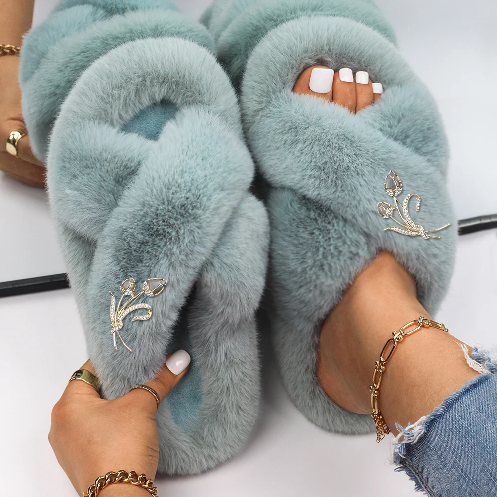 Women's Shoes Faux Fur Slides Crystal Tulip Flat Sandals Luxury Designer Flip Flops Female Winter Plush Slippers 2022