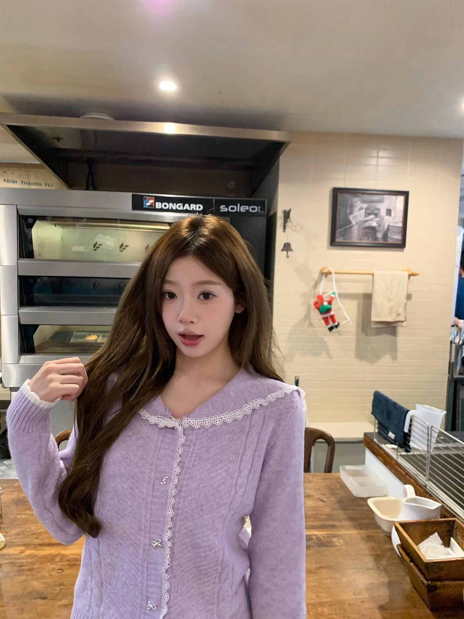 

OKJJ Lace Trim Color Blo Navy Collar Wool Knitted Sweater Women's Loose Fit Winter Gentle Sle Long Sve Top