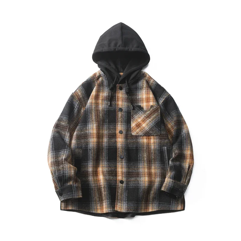 

Men Autumn Vintage Maillard Style Sanding Plaid Loose Casual Streetwear Fashion Hooded Jacket Cityboy Coat Campus Outerwear