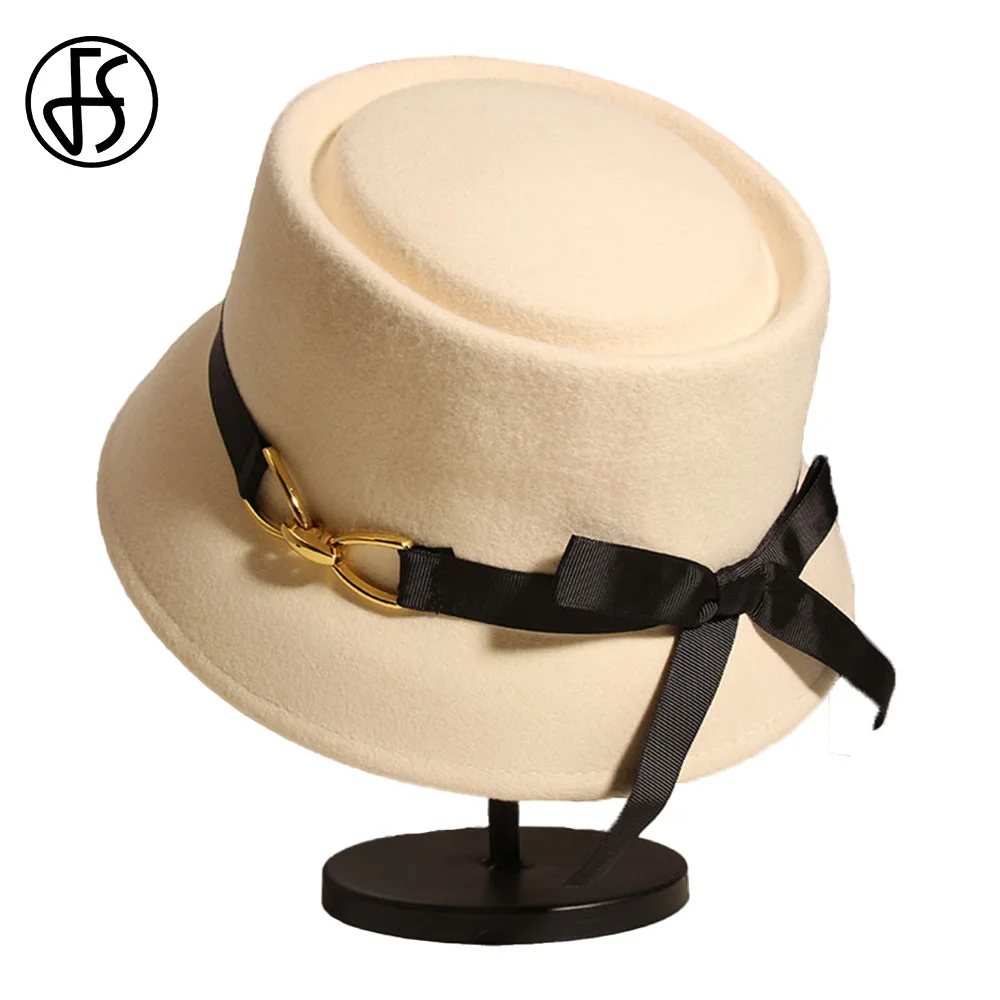 FS White Wool Flat Top Fisherman Hats For Women With Ribbon Bow 2024 Winter French Vintage  Cap Ladies Small Brim Basin Fedoras