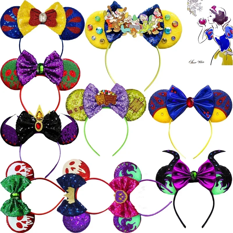 Disney Princess Snow White Hair Accessories For Women Sequins Skull Ears Headbands Kids Seven Dwarfs Hairband Girls Bow Headwear