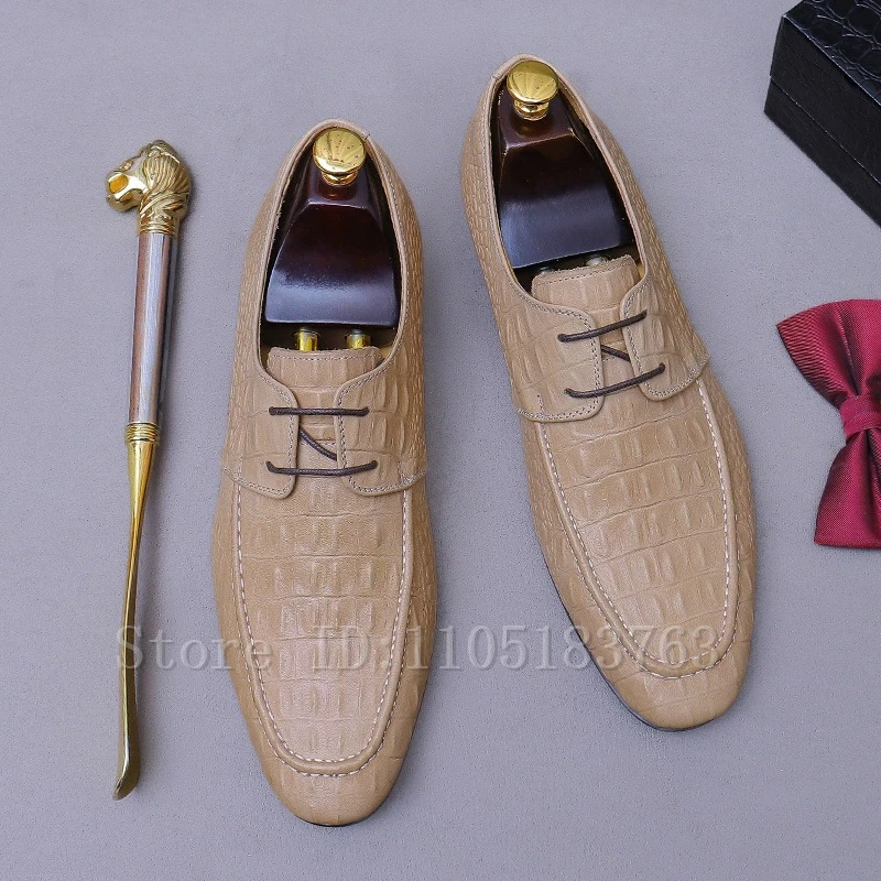 New Crocodile Pattern Men Business Shoes Round Toe Genuine Leather Lace Up Oxfords Luxury Wedding Party Derby Shoes