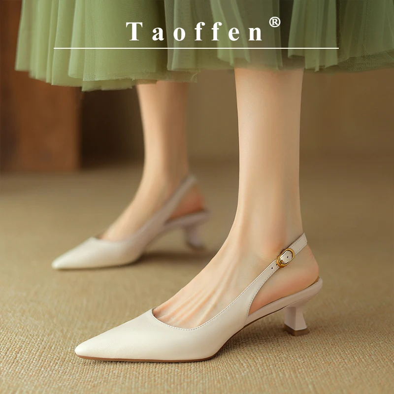 Taoffen Casual Women\'s Pumps Genuine Leather Buckle Strap Pointed toe Pumps Solid Slingbacks Comfortable Thin Heels Office Shoes