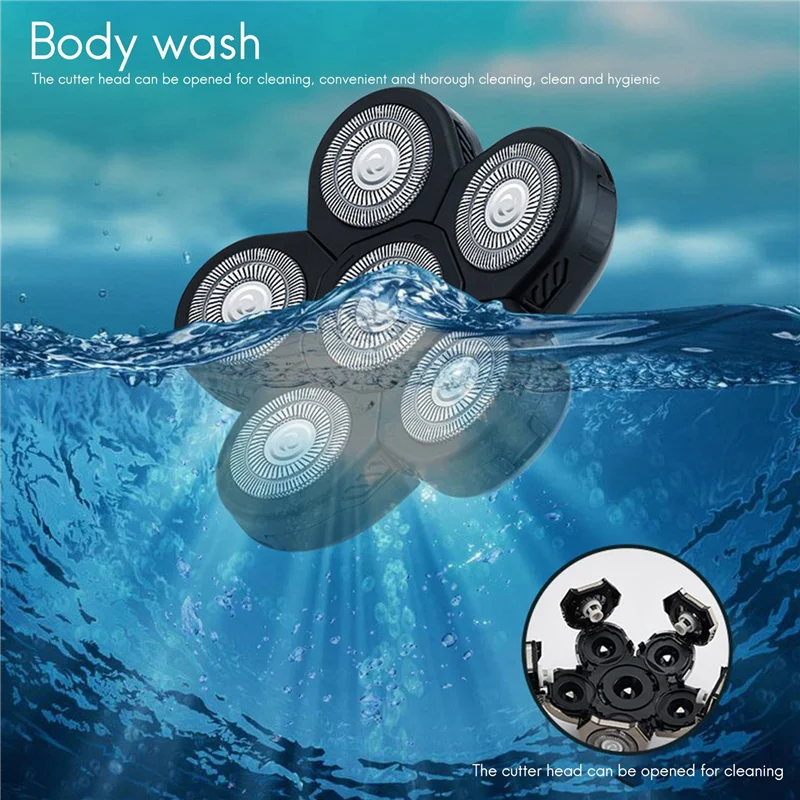 ABYO 3X เครื่องโกนหนวดไฟฟ้าหัวมีดโกนหนวดไฟฟ้าเปลี่ยนหัว 6 ใบมีดหัวเครื่องโกนหนวด Bald สีดํา