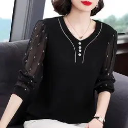 Summer V-Neck Long Sleeve Solid Color Button Casual Women's Clothing Blouse Loose Fashion TShirts Gauze Hollow Out Patchwork Top