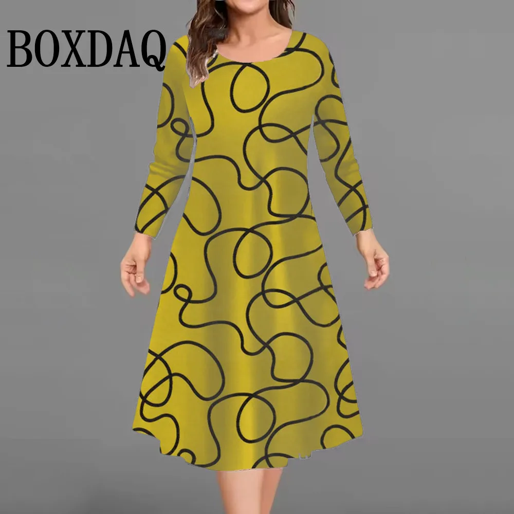 

Женские платья в полоску с абстрактной росписью, осень-зима, модные платья с длинными рукавами, повседневная уличная одежда, свободное платье больших размеров