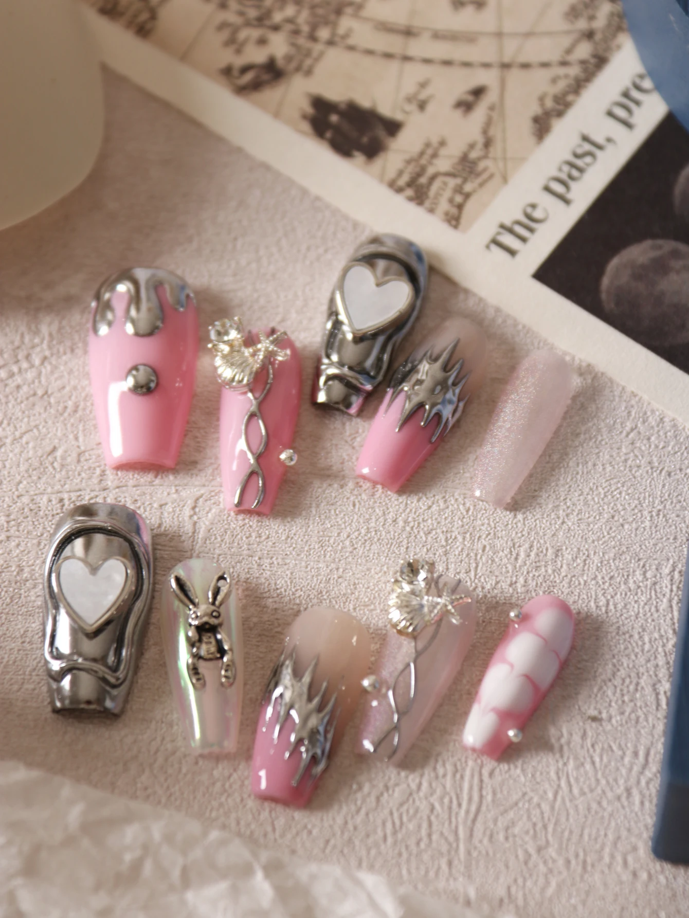 10Pcs Press on Nails Short Pink Nails Silvery Mirror Surface Rabbit Fake Nails Includes 1 Sheet of Adhesive Tabs & 1 Pc Mini File