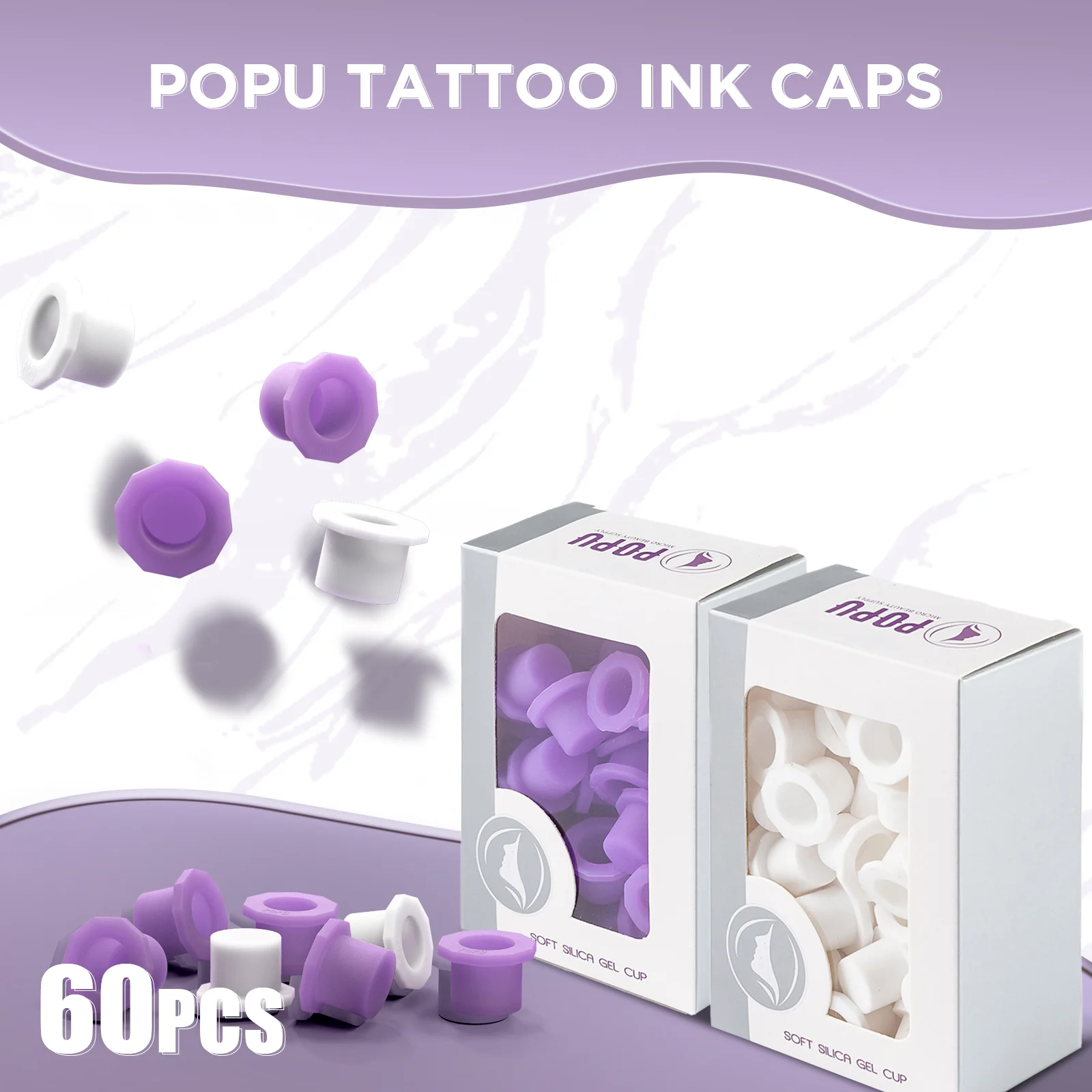 POPU Ink Cups 60 pcs Medium-12mm Disposable Soft White/Purple Colors for Permanent Makup & Tattoo Used