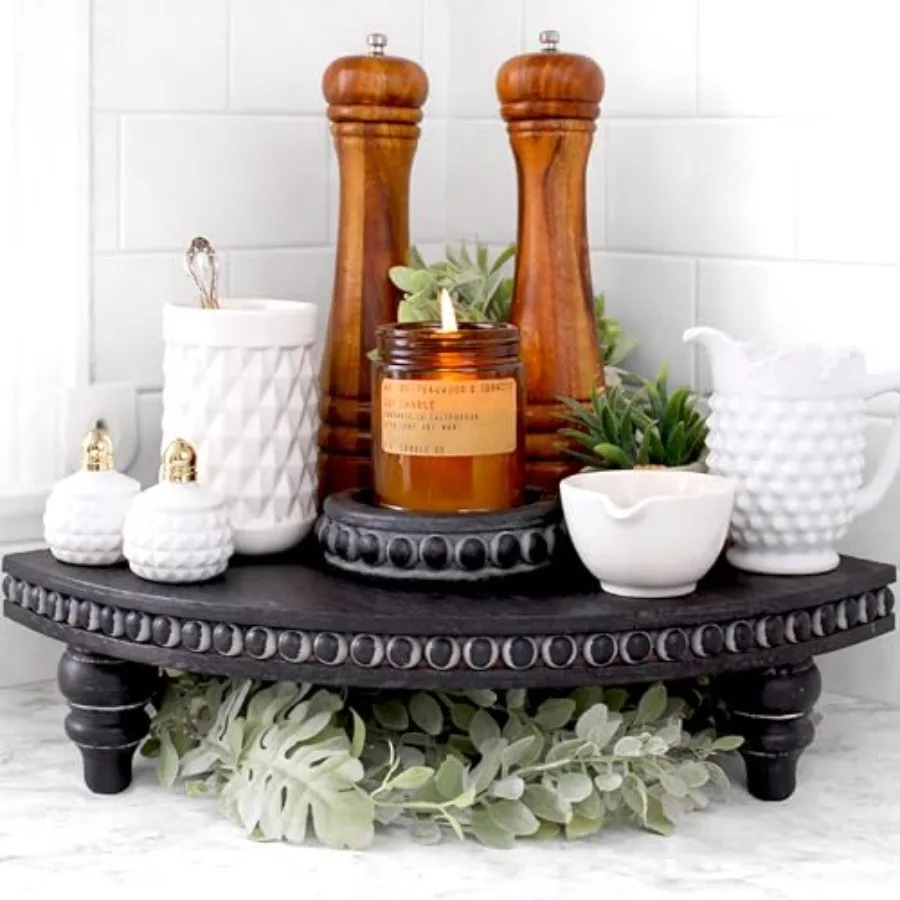 

Corner Pedestal Stand Rustic Decor Riser for Display - Farmhouse Wood Rounded Beaded Tray for Kitchen and Bathroom Countertop O