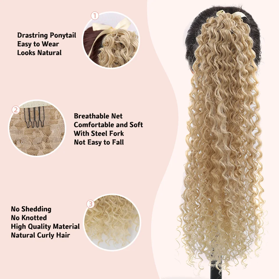 Xnaira 24 Inch Long Curly Ponytail Hair Extension Synthetic Heat Resistant Drawstring Wave Pony Tail Hairpieces for Women