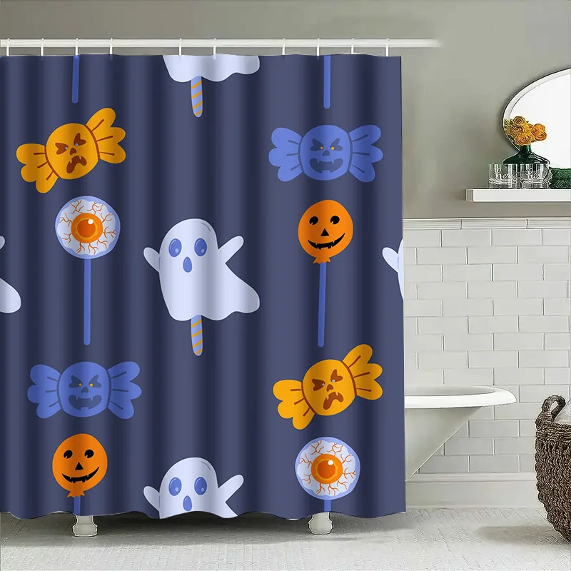

1PCCute Halloween Baby Toddler Shower Curtain Spooky Ghosts Balloons Candy Pattern Dark Blue Kids Bathroom Decor