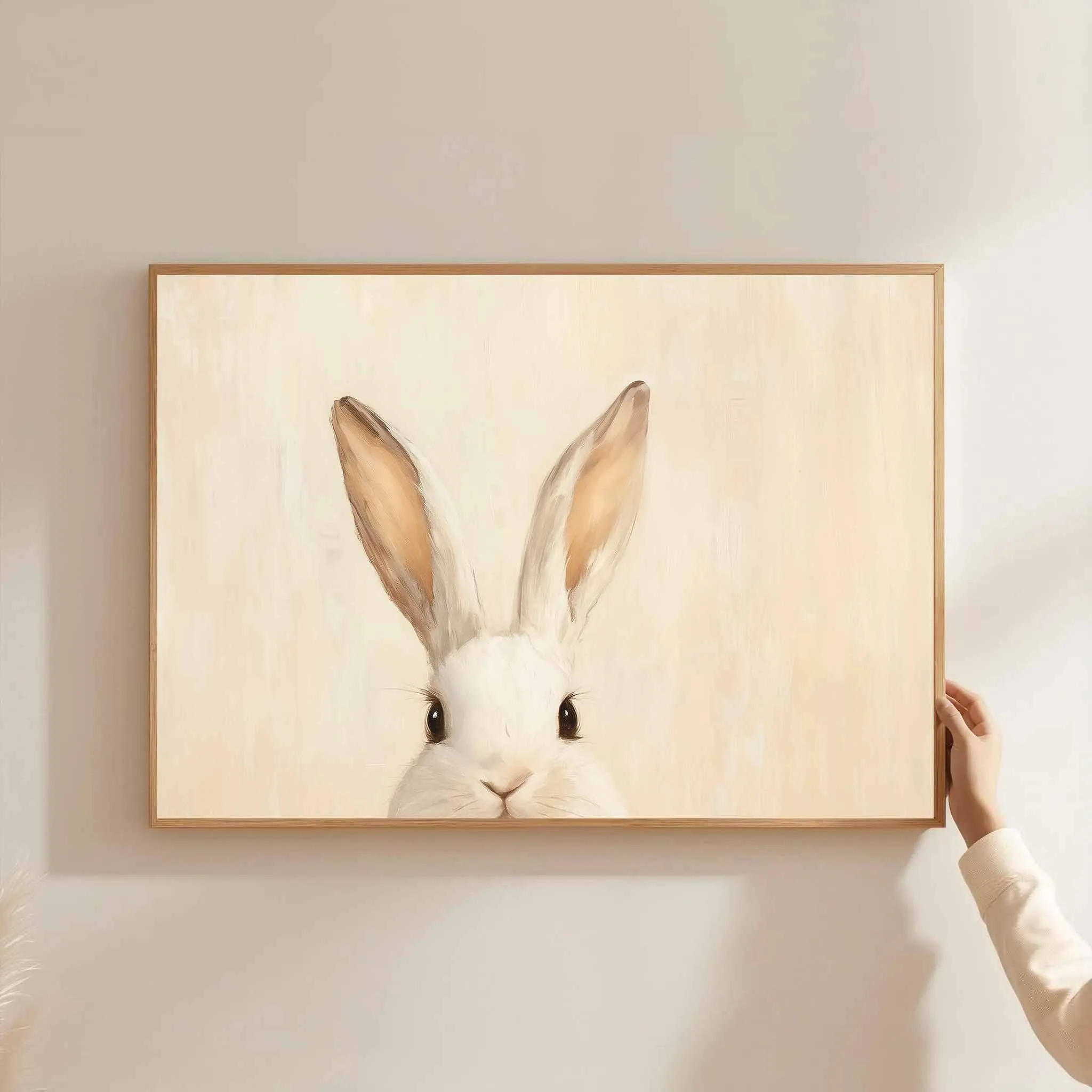 2D Flat, 2D Flat, 1pc Adorable White Rabbit Closeup Portrait on Beige Backdrop | Canvas Poster, Frameless, Ideal for Home Off