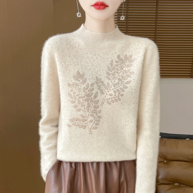 เสื้อฮู้ดไหมพรมขนสัตว์ออสเตรเลียแท้ คลาสสิกสำหรับผู้หญิง แขนยาว คอกลม ประดับเพชร ดีไซน์ลำลอง คุณภาพสูง อุ่นสบาย