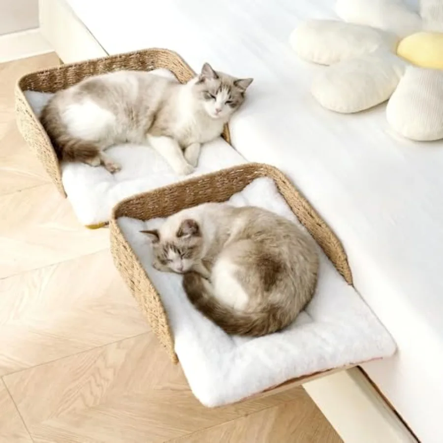 

2-Pack Foldable Bedside Pet Bed with Washable Cushion Pillow Handwoven Guardrail Cat Small Dog Bed