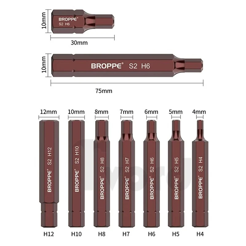 Hex Screwdriver Bit 10mm Hex Shank Magnetic 30mm 75mm Length Allen Wrench Screw Driver Bits Tools S2 Steel H4/5/6/7/8/10/12 view 2
