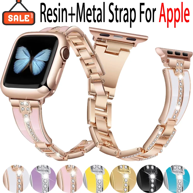 Resina + cinturino in metallo per Apple Watch Ultra 2 49mm 45mm 44mm 42mm 40mm 41/46mm Bracciale con diamanti da donna per iWatch 11 10 9 8 7 6 5 4 SE