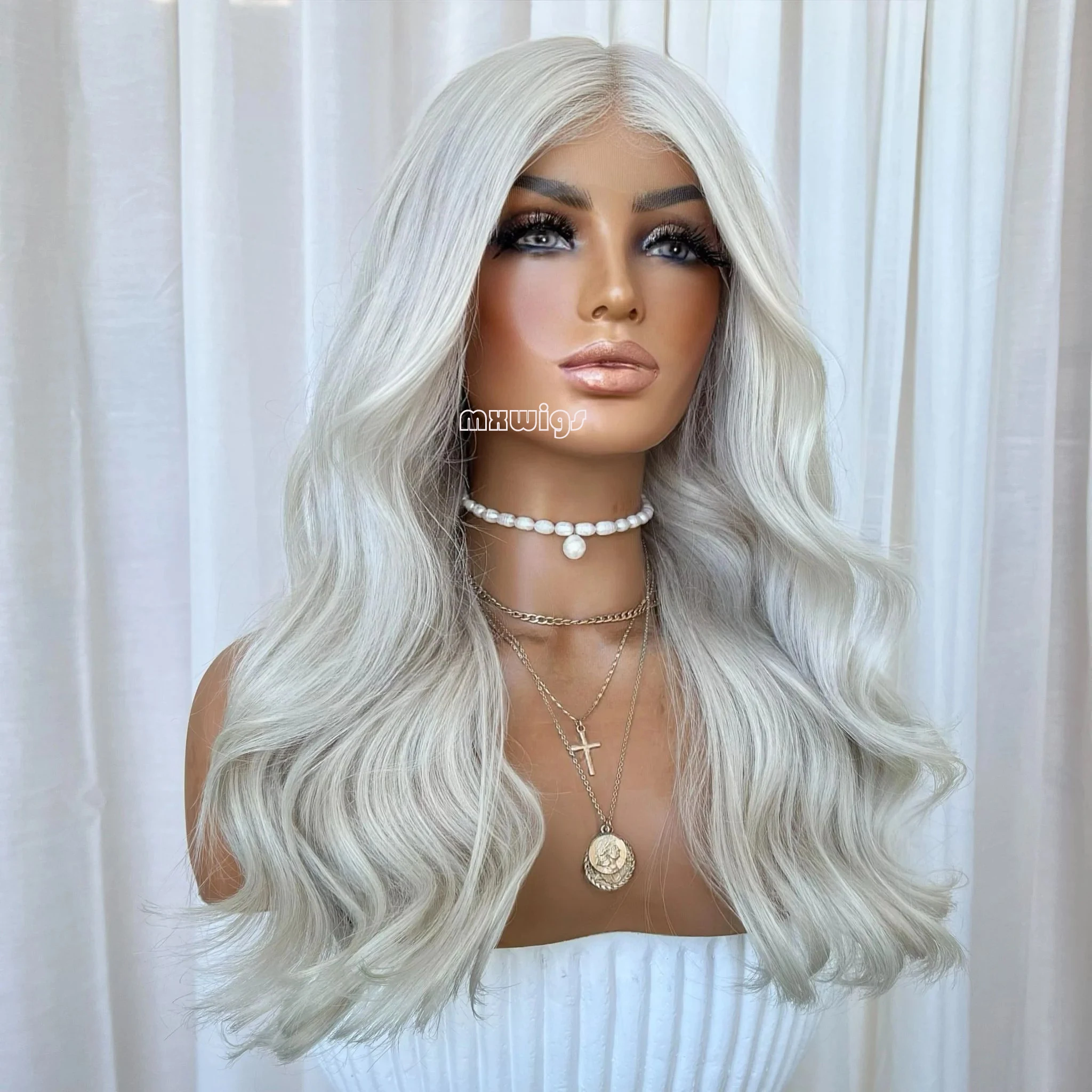 MXWIGS Silver Blonde Synthetic  Hair 13X4 Lace Front Wigs For Women  Middle Part Prepluck Hairline Long Wave Daily Lace Wig
