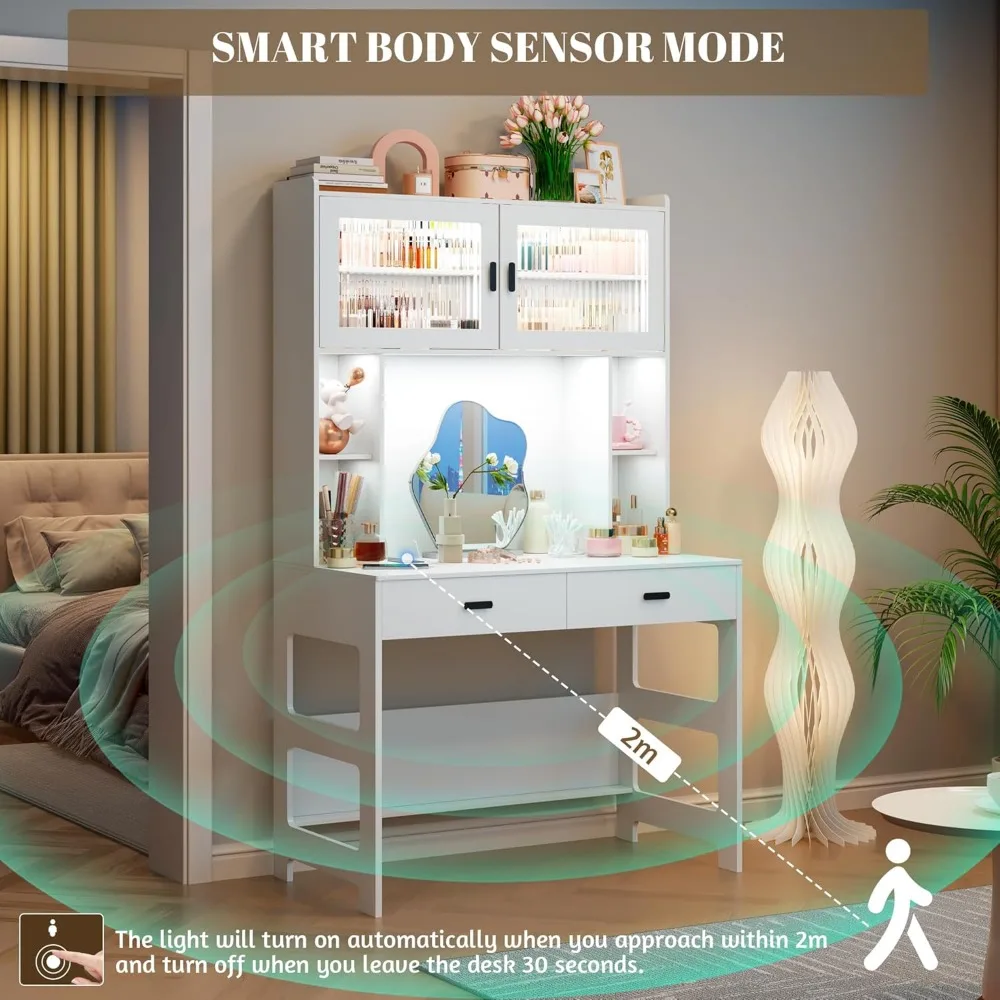 مكتب مكتب منزلي خشبي حديث 40 مزود بخزانة وأرفف تخزين مضاءة LED وأدراج لمكاتب الكمبيوتر #5