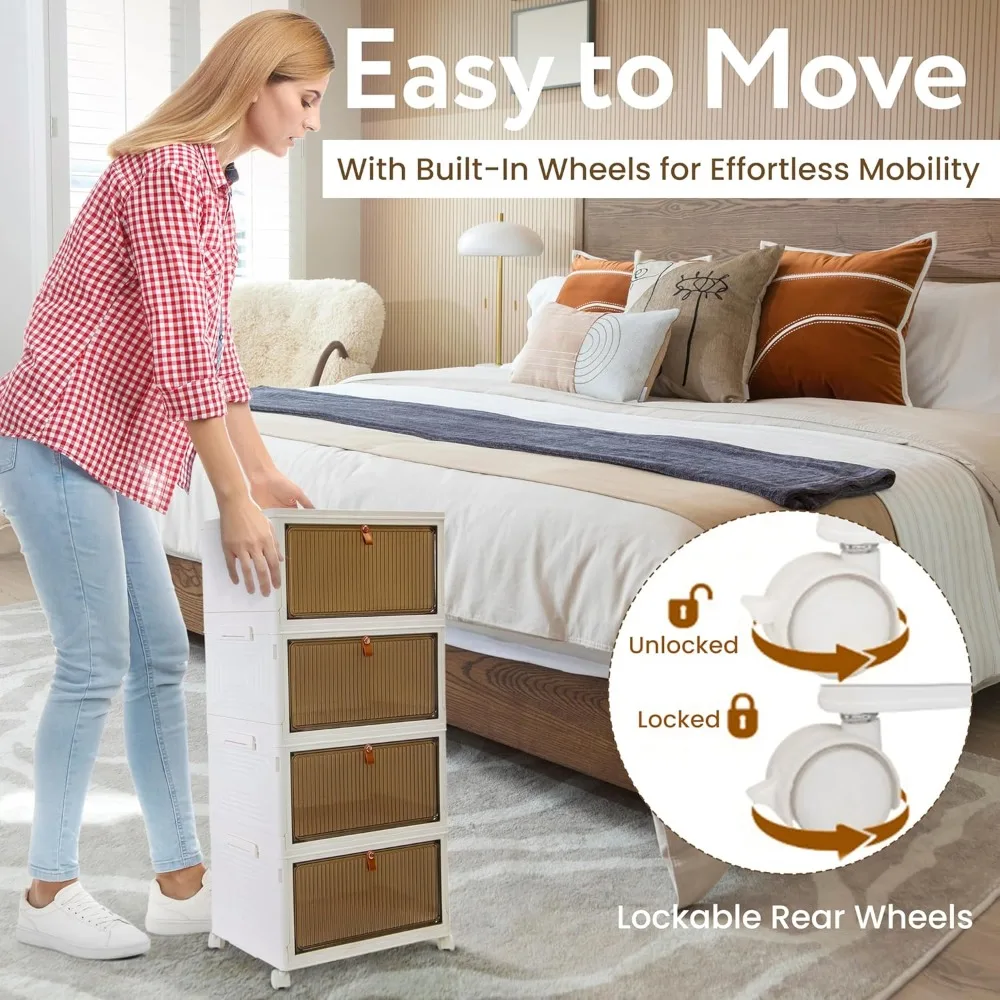 Organisateur de rangement empilable à 4 niveaux avec portes magnétiques, bacs pliables pour chambre à coucher, placard, dortoir - Capacité de 24 gallons