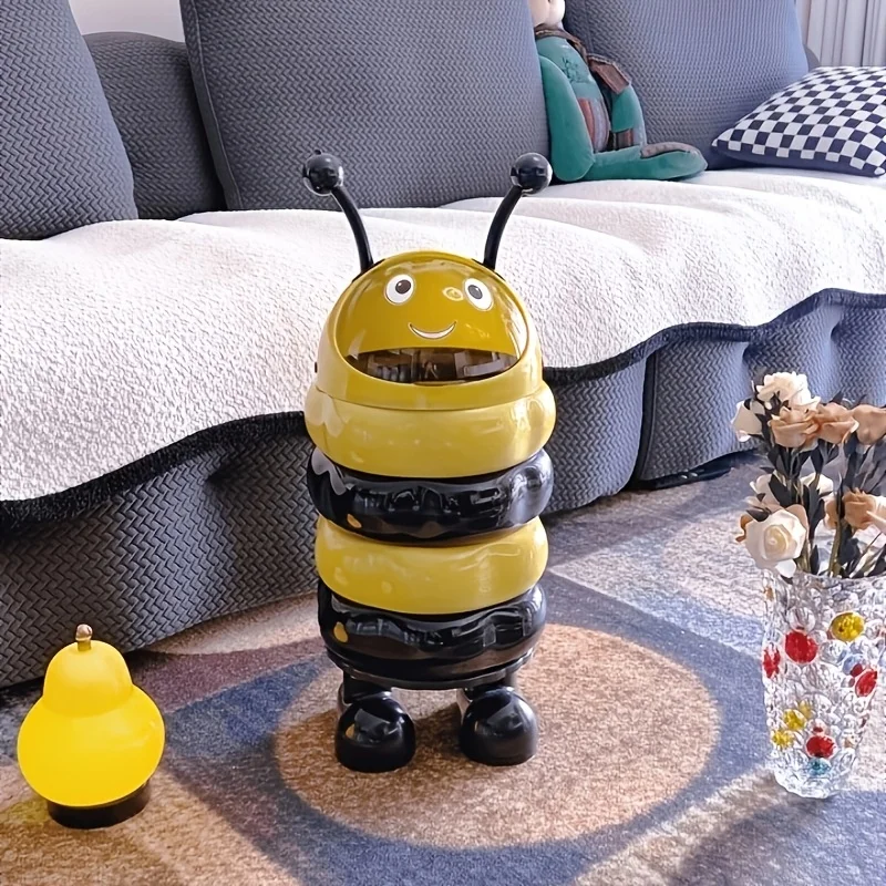 4LCute Bee-Shaped Trash Can Flip Lid Large Capacity Cylindrical Space-Saving Waste Bin Easy Clean Surface Fun Design Garbage Can